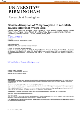 Genetic Disruption of 21-Hydroxylase in Zebrafish Causes Interrenal Hyperplasia