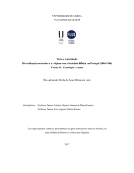 Texto E Autoridade. Diversificação Sociocultural E Religiosa Com a Sociedade Bíblica Em Portugal (1804-1940) Volume II – Cronologia E Anexos