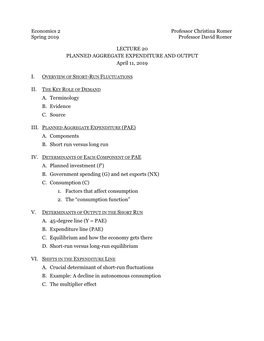 Economics 2 Professor Christina Romer Spring 2019 Professor David Romer LECTURE 20 PLANNED AGGREGATE EXPENDITURE and OUTPUT Ap