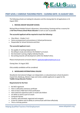 Post Level 1 Various Teaching Posts – Closing Date: 31 August 2021