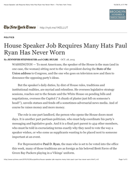 House Speaker Job Requires Many Hats Paul Ryan Has Never Worn - the New York Times 10/28/15, 4:17 PM