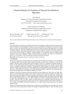 Chemical Kinetics for Synthesis of Triacetin from Biodiesel Byproduct