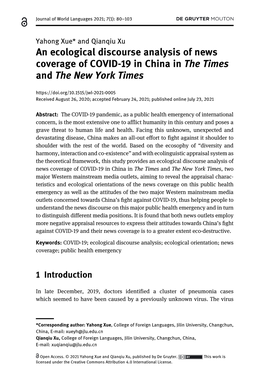 An Ecological Discourse Analysis of News Coverage of COVID-19 in China in the Times and the New York Times