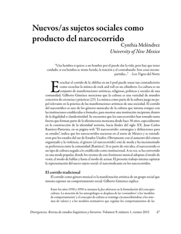 Nuevos/As Sujetos Sociales Como Producto Del Narcocorrido Cynthia Meléndrez University of New Mexico