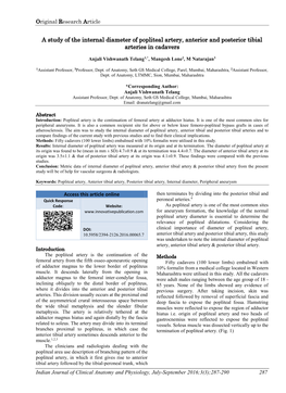 A Study of the Internal Diameter of Popliteal Artery, Anterior and Posterior Tibial Arteries in Cadavers