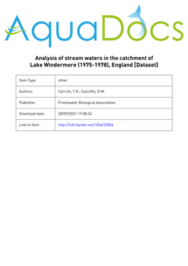 7. Analyses of Streamwaters in the Catchment of Windermere (1975-1978), Including Kirkstone Beck