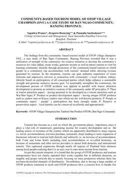 Community-Based Tourism Model of Otop Village Champion (Ovc) a Case Study of Ban Ngao Community, Ranong Province