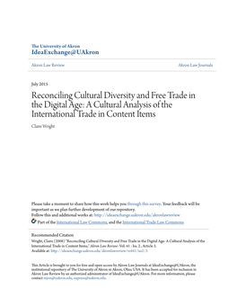 Reconciling Cultural Diversity and Free Trade in the Digital Age: a Cultural Analysis of the International Trade in Content Items Claire Wright