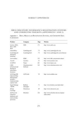 Drug Discovery Informatics Registration Systems and Underlying Toolkits (Appendices 1 and 2) 271 Subject Appendices