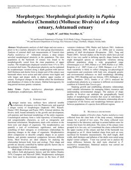 Morphological Plasticity in Paphia Malabarica (Chemnitz) (Mollusca: Bivalvia) of a Deep Estuary, Ashtamudi Estuary