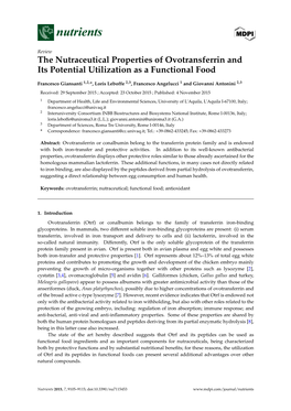 The Nutraceutical Properties of Ovotransferrin and Its Potential Utilization As a Functional Food