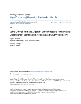 Some Crinoids from the Argentine Limestone (Late Pennsylvania- Missourian) of Southeastern Nebraska and Southwestern Iowa
