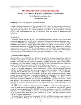 The Effect of HTML5 on Information Security Jing AN*, Lei ZHANG , Xue-Chao ZHANG and Chun-Lan YOU No 23, Taiping Road, Beijing, China *Corresponding Author