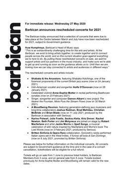 Barbican Announces Rescheduled Concerts for 2021