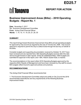 Business Improvement Areas (Bias) – 2018 Operating Budgets - Report No