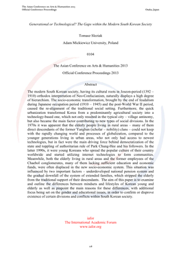 Generational Or Technological? the Gaps Within the Modern South Korean Society Tomasz Sleziak Adam Mickiewicz University, Polan