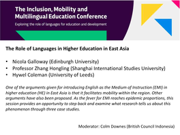 Professor Zhang Hongling (Shanghai International Studies University) • Hywel Coleman (University of Leeds)