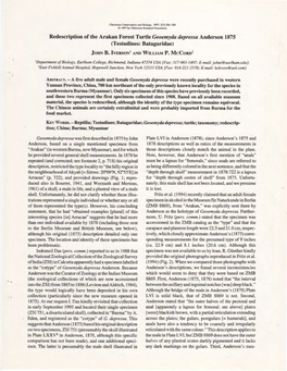 Redescription of the Arakan Forest Turtle Geoemyda Depressa Anderson 1875 (Testudines: Bataguridae)