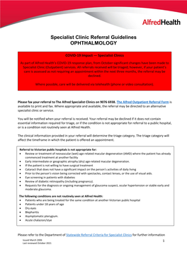 Specialist Clinic Referral Guidelines OPHTHALMOLOGY