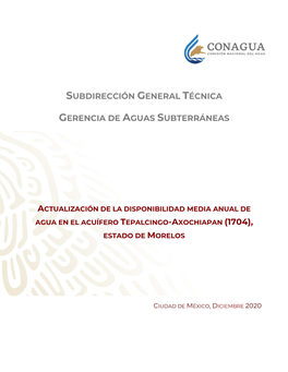 Actualización De La Disponibilidad Media Anual De Agua En El Acuífero Tepalcingo-Axochiapan (1704), Estado De Morelos