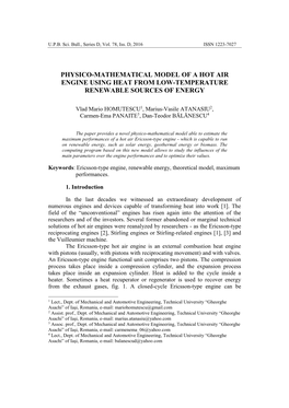 Physico-Mathematical Model of a Hot Air Engine Using Heat from Low-Temperature Renewable Sources of Energy