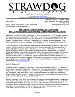 STRAWDOG THEATRE COMPANY ANNOUNCES 23Rd ANNIVERSARY SEASON THEMED “EXTRAORDINARY MATTERS”