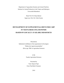 Development of Supplemental Diets for Carp in Vietnamese Upland Ponds Based on Locally Available Resources