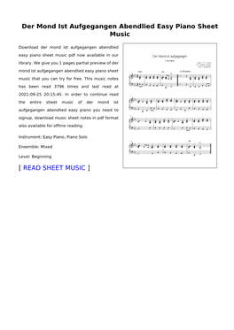 Der Mond Ist Aufgegangen Abendlied Easy Piano Sheet Music