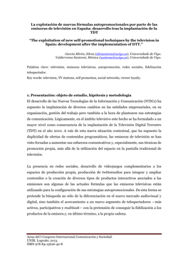 La Explotación De Nuevas Fórmulas Autopromocionales Por Parte De Las Emisoras De Televisión En España: Desarrollo Tras La Implantación De La TDT