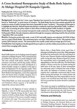 A Cross-Sectional Retrospective Study of Boda Boda Injuries at Mulago Hospital in Kampala-Uganda