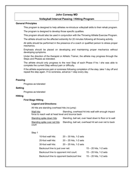 Volleyball Interval Passing / Hitting Program General Principles This Program Is Designed to Help Athletes Re-Introduce Volleyball Skills to Their Rehab Program