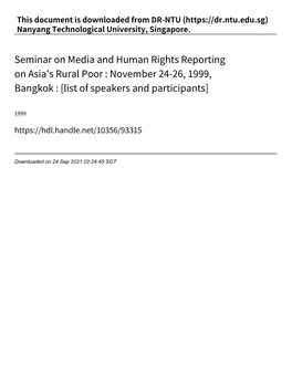 Seminar on Media and Human Rights Reporting on Asia's Rural Poor : November 24‑26, 1999, Bangkok : [List of Speakers and Participants]