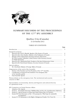 SUMMARY RECORDS of the PROCEEDINGS of the 127Th IPU ASSEMBLY