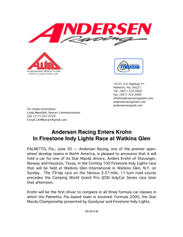 Andersen Racing Enters Krohn in Firestone Indy Lights Race at Watkins Glen