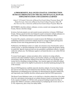 A Progressive, Ealanced Coastal Construction Seteack Ordinance on the Island of Kauai, Hawaii: Implementation and Lessons Learned