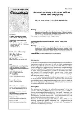 A Case of Gynandry in Oxyopes Salticus Hentz, 1845 (Oxyopidae)