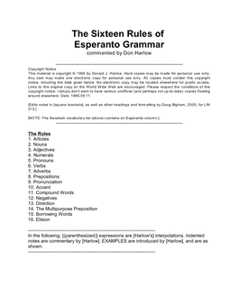 The Sixteen Rules of Esperanto Grammar Commented by Don Harlow