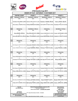 VTB Kremlin Cup 2017 ORDER of PLAY - SATURDAY, 14 OCTOBER 2017