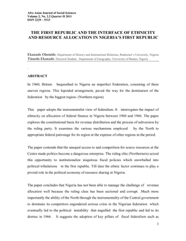 The First Republic and the Interface of Ethnicity and Resource Allocation in Nigeria’S First Republic