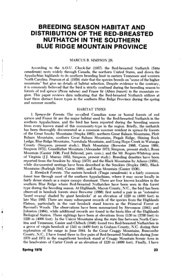 Breeding Season Habitat and Distribution of the Red-Breasted Nuthatch in the Southern Blue Ridge Mountain Province