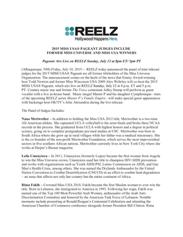 2015 MISS USA® PAGEANT JUDGES INCLUDE FORMER MISS UNIVERSE and MISS USA WINNERS Pageant Airs Live on REELZ Sunday, July 12 at 8