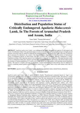 Distribution and Population Status of Critically Endangered Aquilaria Malaccensis Lamk