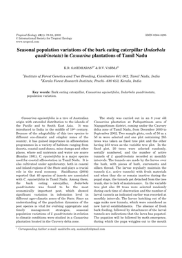 Indarbela Quadrinotata ) in Casuarina Plantations of Tamil Nadu