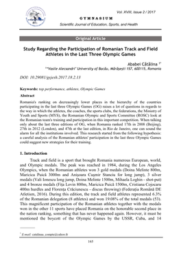 Study Regarding the Participation of Romanian Track and Field Athletes in the Last Three Olympic Games