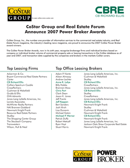 Costar Group and Real Estate Forum Announce 2007 Power Broker Awards