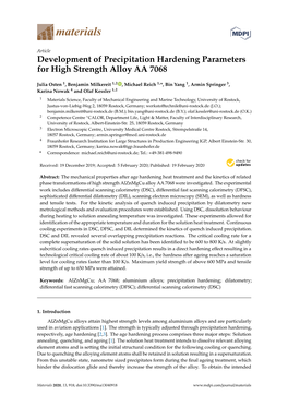 Development of Precipitation Hardening Parameters for High Strength Alloy AA 7068