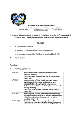 Hamble-Le- Rice Parish Council Memorial Hall, High Street, Hamble-Le-Rice, Southampton SO31 4JE 02380453422 Clerk@Hamblepc.Org.Uk 02380453422