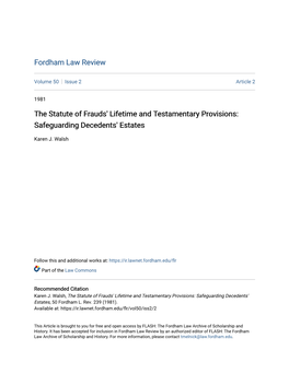 The Statute of Frauds' Lifetime and Testamentary Provisions: Safeguarding Decedents' Estates