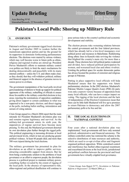 Update Briefing Asia Briefing N°43 Islamabad/Brussels, 22 November 2005 Pakistan's Local Polls: Shoring up Military Rule