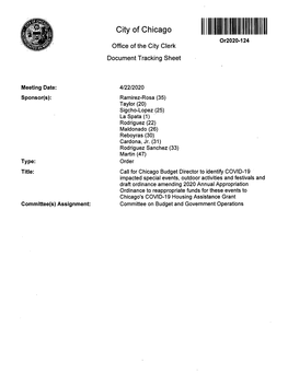 City of Chicago Or2020-124 Office of the City Clerk Document Tracking Sheet